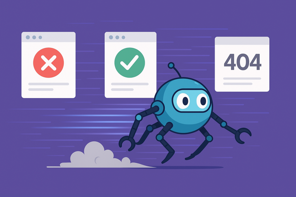 An animated website crawler zooms across the screen, fixing errors in real-time