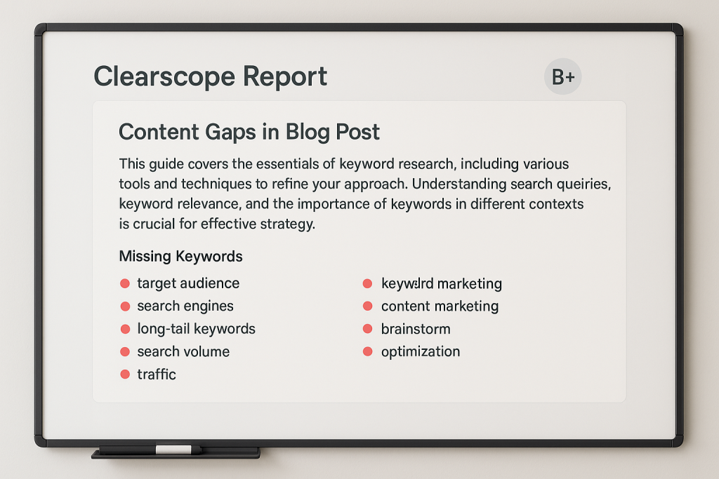 A Clearscope report highlighting gaps in a blog post