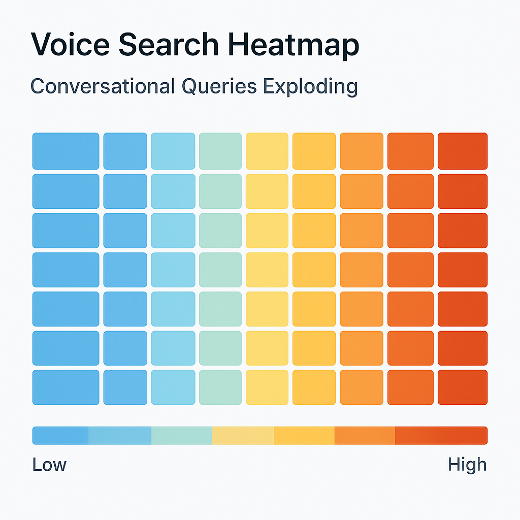 A voice search heatmap shows conversational queries exploding