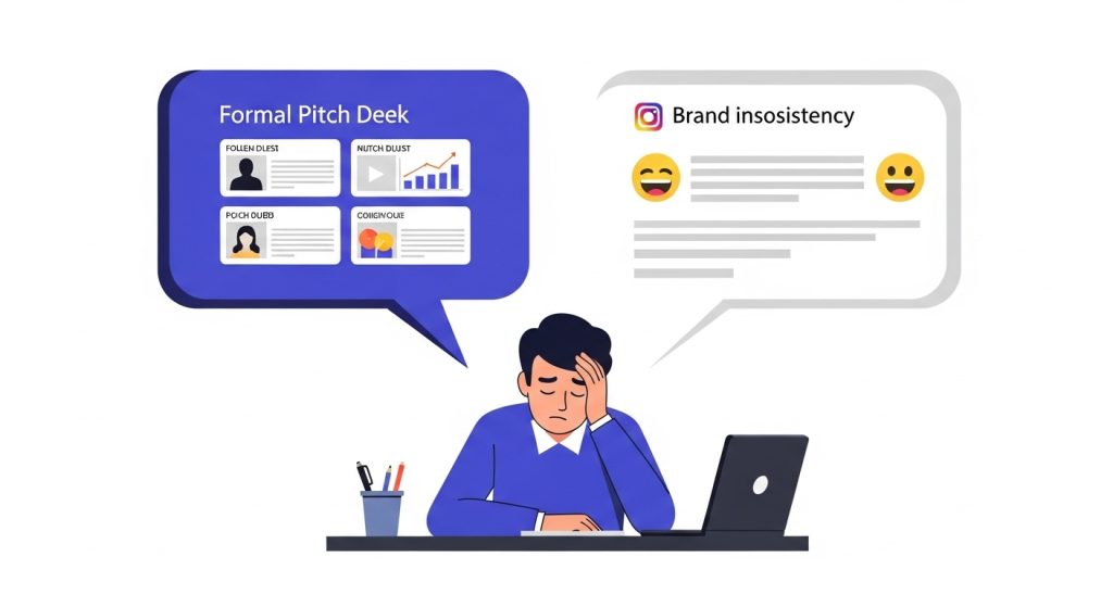 Startup founder looking stressed between formal pitch deck text and casual social media captions