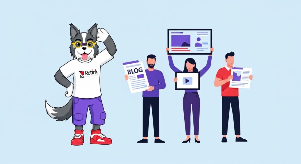 Illustration of rai with a founder, marketer, and creator blending blog, video, and graphics into one consistent brand voice