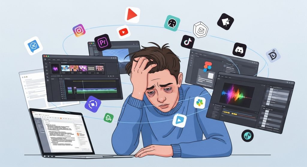 Content creator juggling multiple apps and looking exhausted